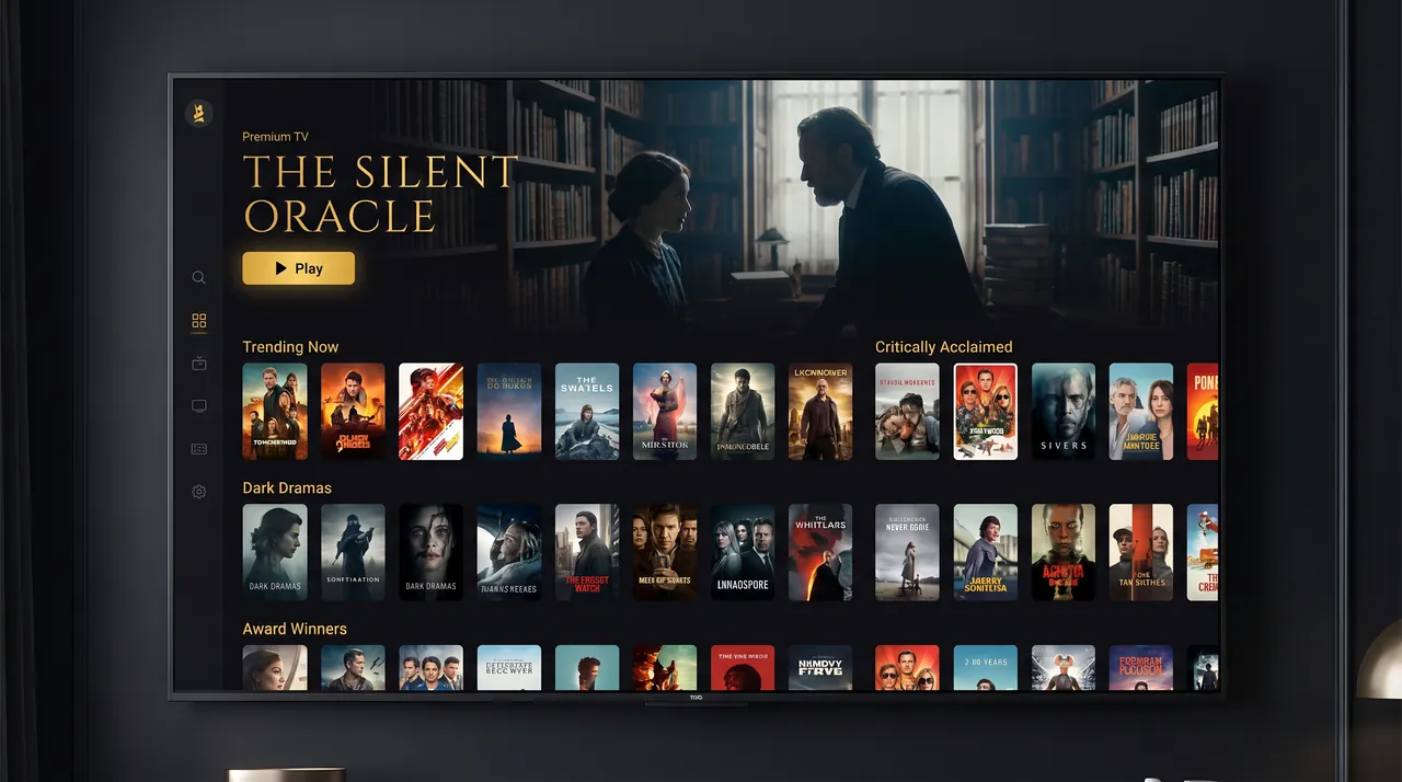 Balkan IPTV video-on-demand interface in true 8K with hundreds of movie and series posters in an elegant dark menu